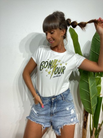 Camiseta Perlas BONJOUR Blanco/Verde Heve Camiseta Perlas BONJOUR Blanco/Verde Heve