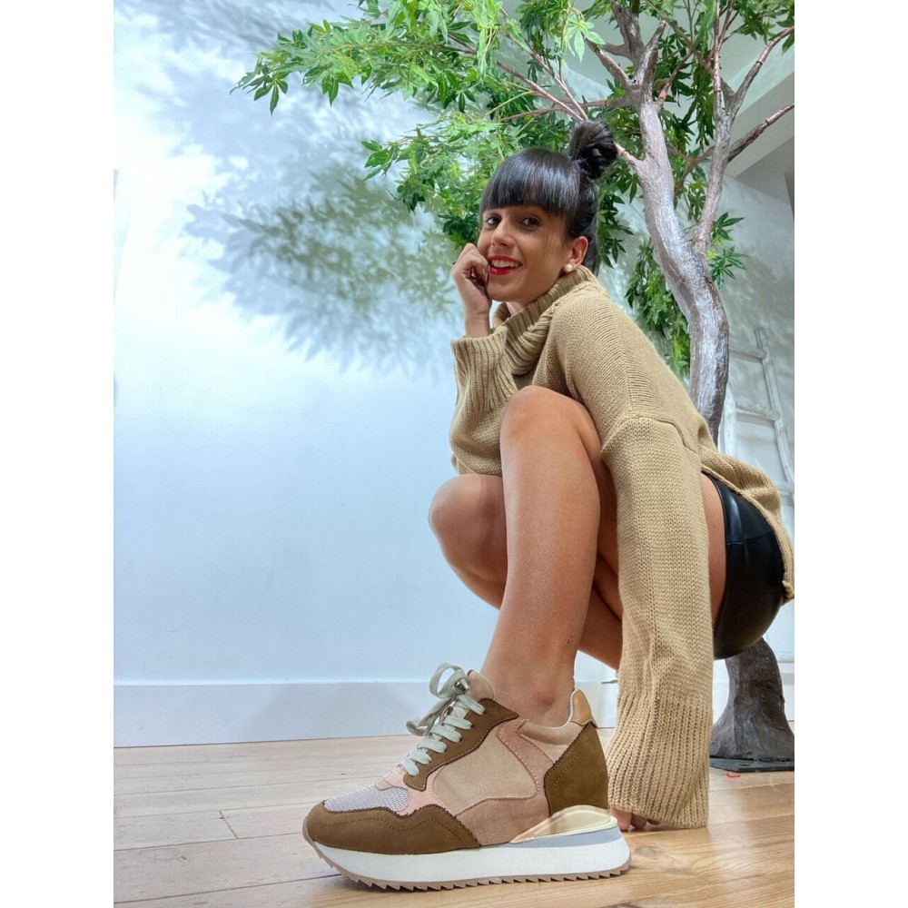 Deportiva Cuña GINGHAM Camel Heve Deportiva Cuña GINGHAM Camel Heve