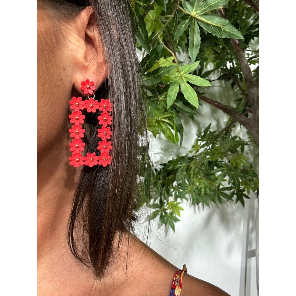 Pendientes Rectangulares Flores PRUNIA Rojo Heve