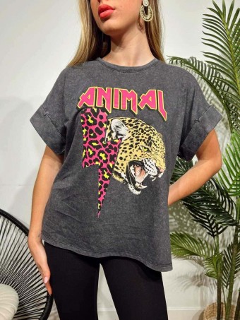Camiseta Algodón ANIMAL THUNDER Gris/Fucsia HEVE