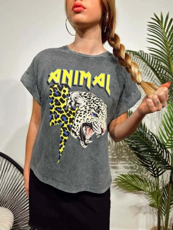 Camiseta Algodón ANIMAL THUNDER Gris/Lima HEVE