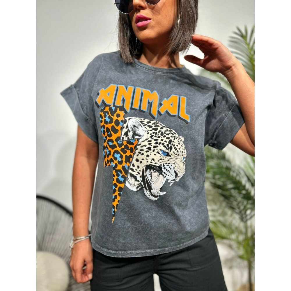Camiseta Algodón ANIMAL THUNDER Gris/Naranja HEVE