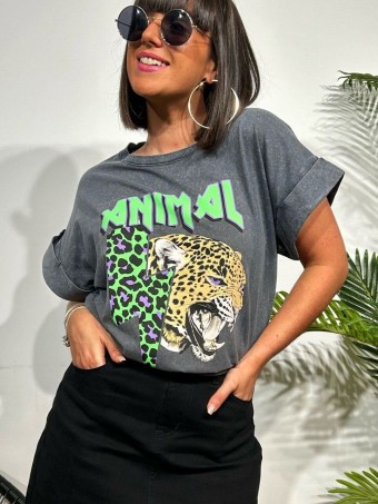 Camiseta Algodón ANIMAL THUNDER Gris/Verde HEVE