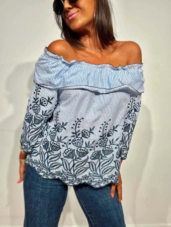 Blusa Bardot Bordados LYSVA Azul HEVE