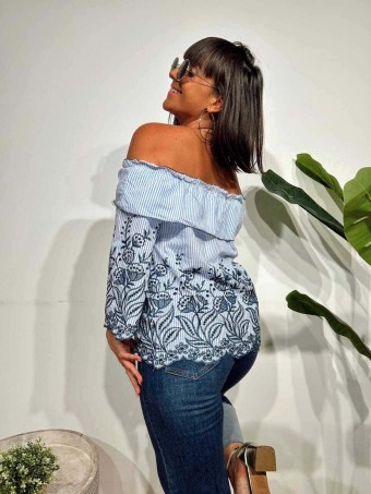 Blusa Bardot Bordados LYSVA Azul HEVE