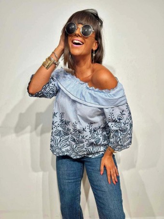 Blusa Bardot Bordados LYSVA Azul HEVE