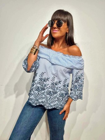 Blusa Bardot Bordados LYSVA Azul HEVE