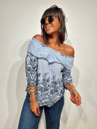 Blusa Bardot Bordados LYSVA Azul HEVE