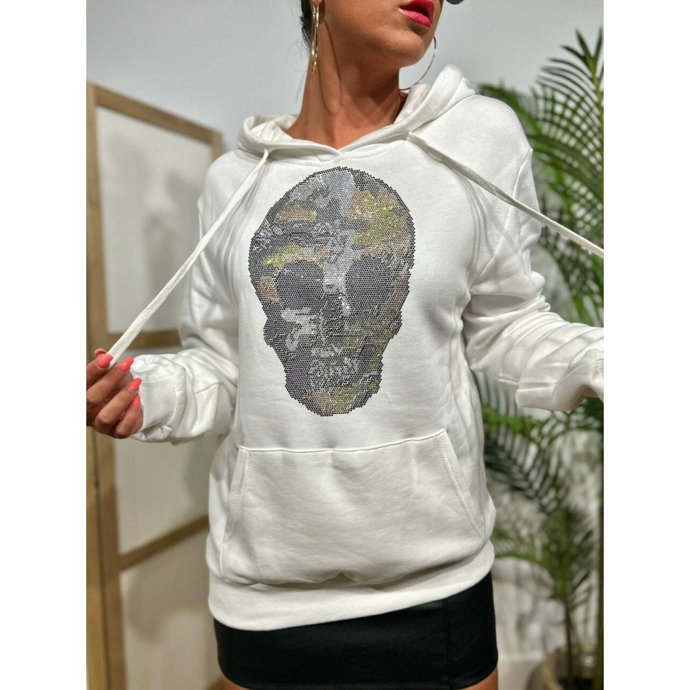 Sudadera Strass Calavera DAMAGE Blanco HEVE