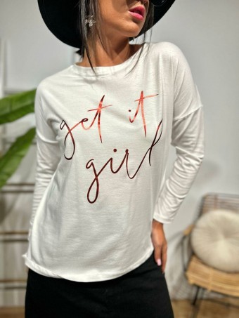 Camiseta Manga Larga GET IT GIRL Blanco/Rojo HEVE