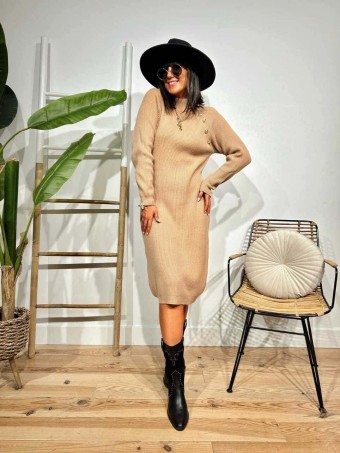 Vestido Punto Botones ISOLA Camel HEVE