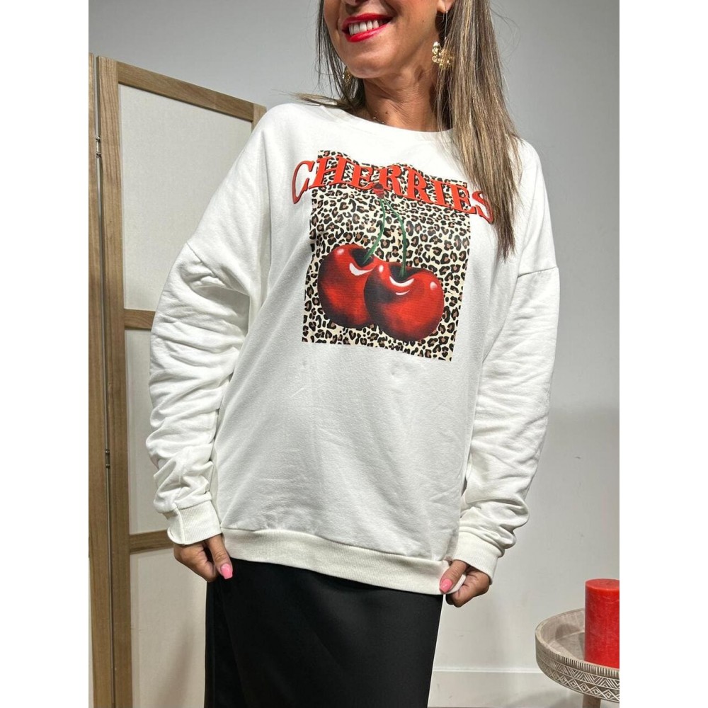 Sudadera Algodón Block Print CHERRIES Blanco HEVE