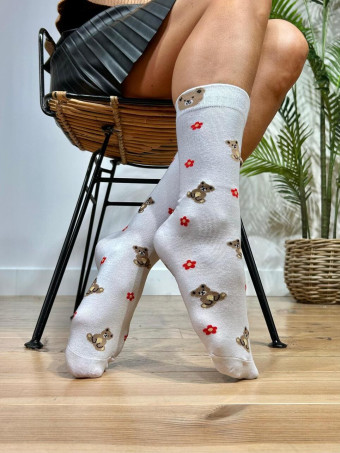 Calcetines Altos Osito y Flores Blanco HEVE