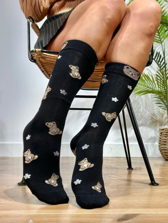 Calcetines Altos Osito y Flores Negro HEVE