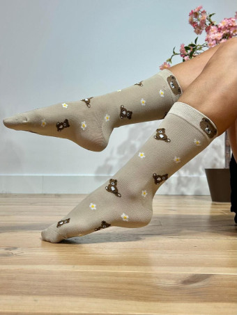 Calcetines Altos Osito y Flores Beige HEVE