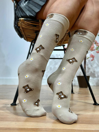 Calcetines Altos Osito y Flores Beige HEVE