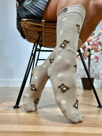 Calcetines Altos Osito y Flores Beige HEVE