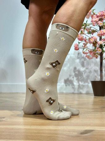 Calcetines Altos Osito y Flores Beige HEVE