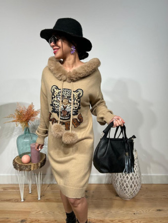 Vestido Punto Pompones Leopardo Taupe HEVE