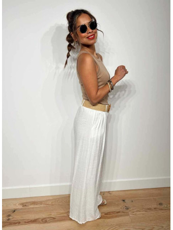 Pantalón Ancho Cinturón Rafia TREVIZE Blanco HEVE