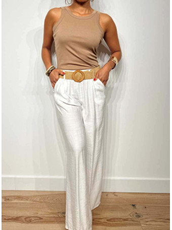 Pantalón Ancho Cinturón Rafia TREVIZE Blanco HEVE