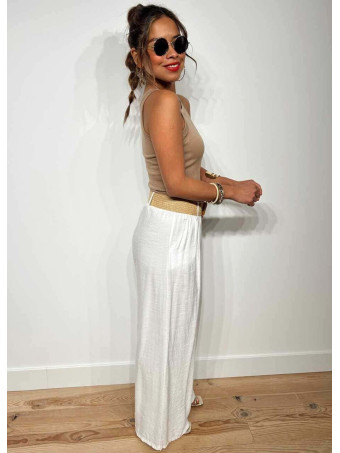 Pantalón Ancho Cinturón Rafia TREVIZE Blanco HEVE
