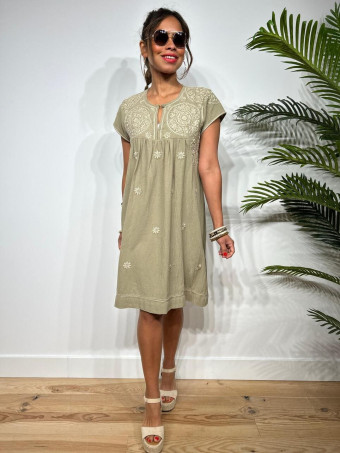 Vestido Rústico Bordado AMISHA Khaki HEVE