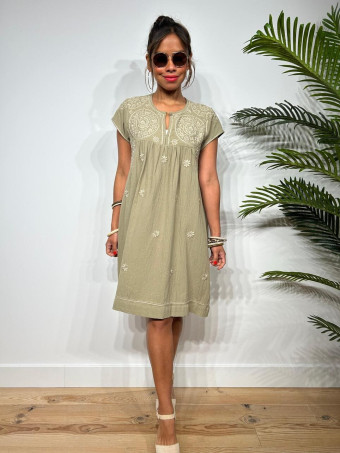 Vestido Rústico Bordado AMISHA Khaki HEVE