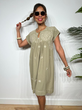 Vestido Rústico Bordado AMISHA Khaki HEVE