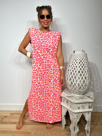 Vestido Print Hombreras WAMBA Rosa Flúor HEVE