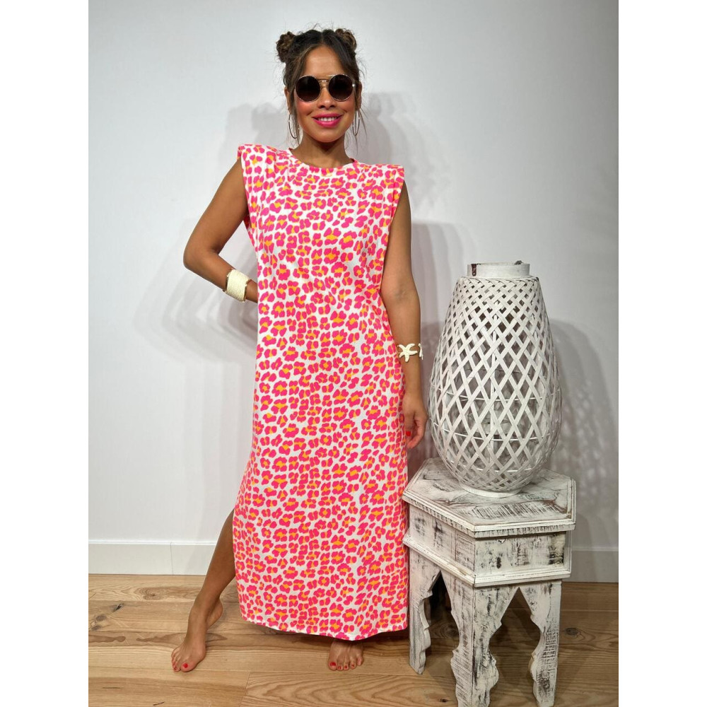Vestido Print Hombreras WAMBA Rosa Flúor HEVE Vestido Print Hombreras WAMBA Rosa Flúor HEVE