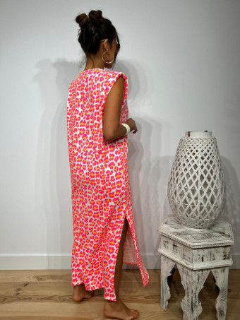 Vestido Print Hombreras WAMBA Rosa Flúor HEVE