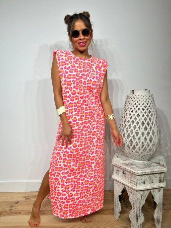Vestido Print Hombreras WAMBA Rosa Flúor HEVE