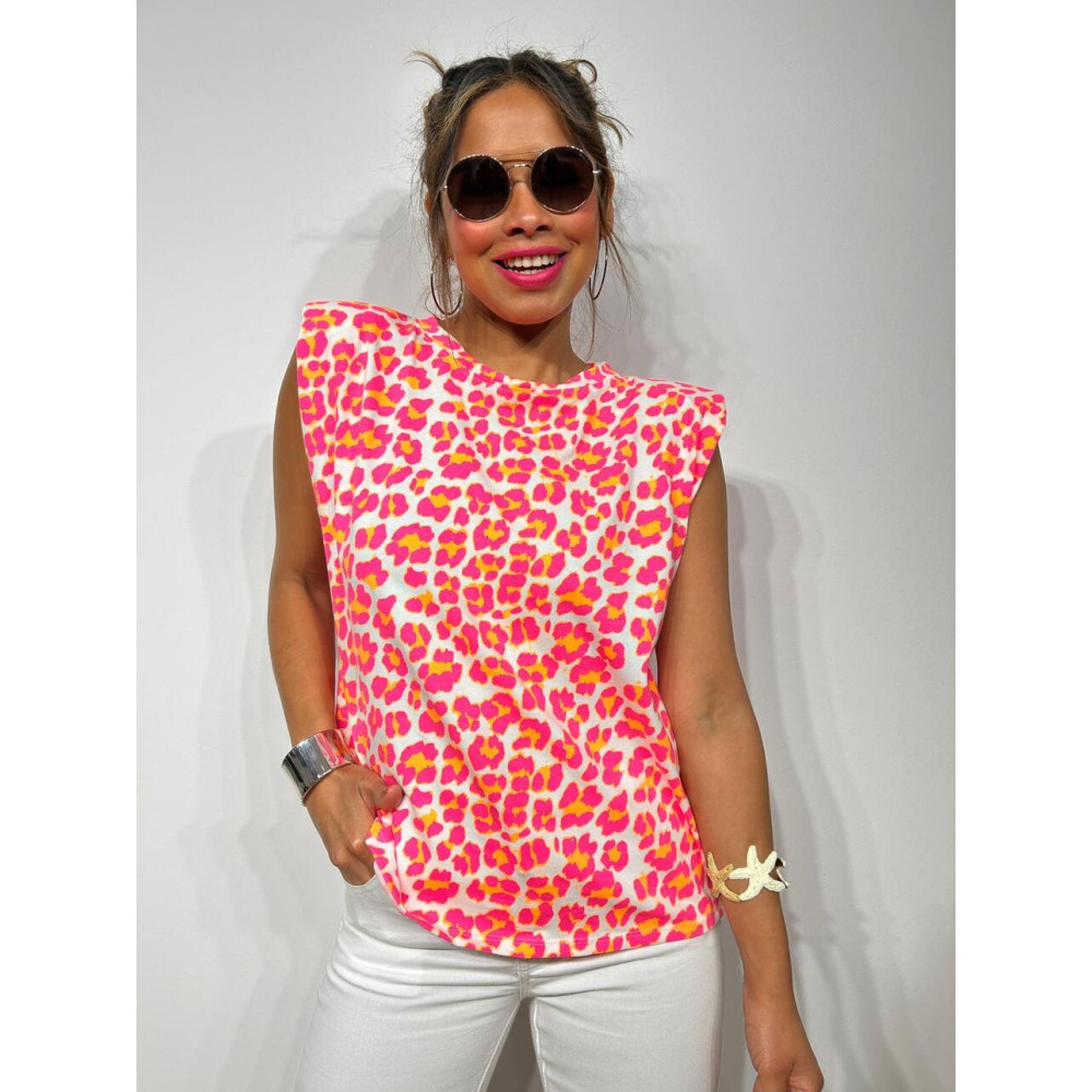 Camiseta Print Hombreras MAKEBA Rosa Flúor HEVE Camiseta Print Hombreras MAKEBA Rosa Flúor HEVE