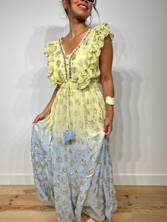 Vestido Vaporoso Bordados BINLAY Lima/Azul HEVE