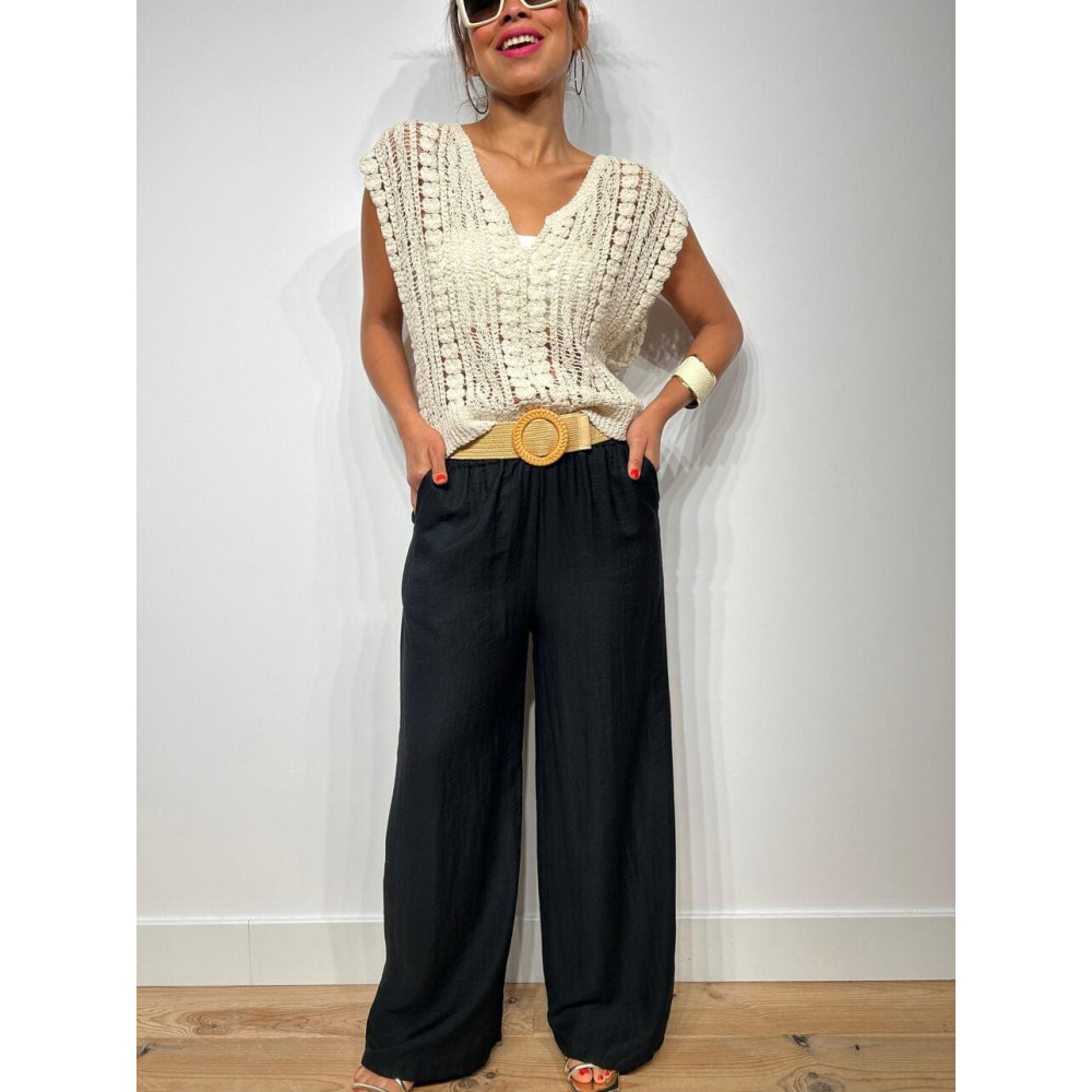 Pantalón Lino Cinturón Rafia YESTER Negro HEVE Pantalón Lino Cinturón Rafia YESTER Negro HEVE
