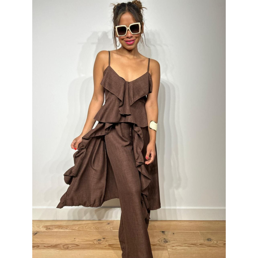 Conjunto Top Extra-Long y Pantalón GHODES Marrón HEVE Conjunto Top Extra-Long y Pantalón GHODES Marrón HEVE