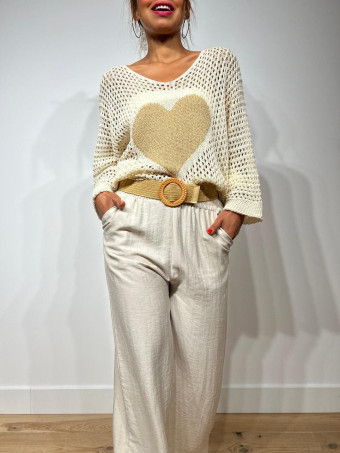 Pantalón Lino Cinturón Rafia YESTER Beige HEVE