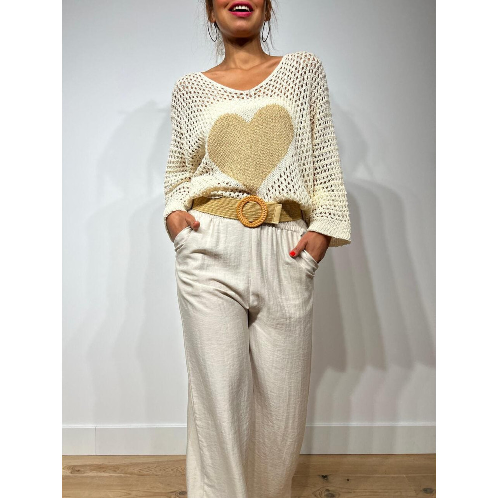 Pantalón Lino Cinturón Rafia YESTER Beige HEVE Pantalón Lino Cinturón Rafia YESTER Beige HEVE