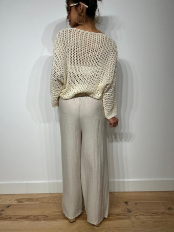 Pantalón Lino Cinturón Rafia YESTER Beige HEVE