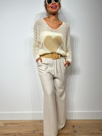 Pantalón Lino Cinturón Rafia YESTER Beige HEVE
