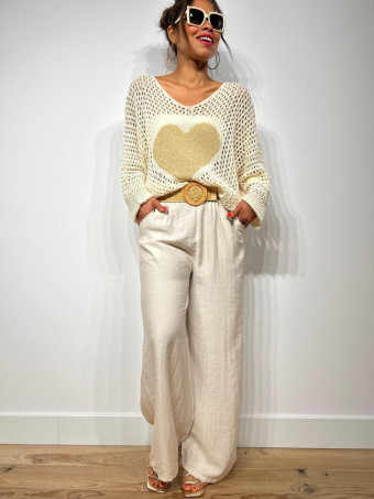 Pantalón Lino Cinturón Rafia YESTER Beige HEVE