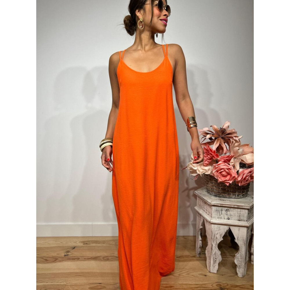 Vestido Tirantes Espalda Cruzada RIMBA Naranja Flúor HEVE Vestido Tirantes Espalda Cruzada RIMBA Naranja Flúor HEVE