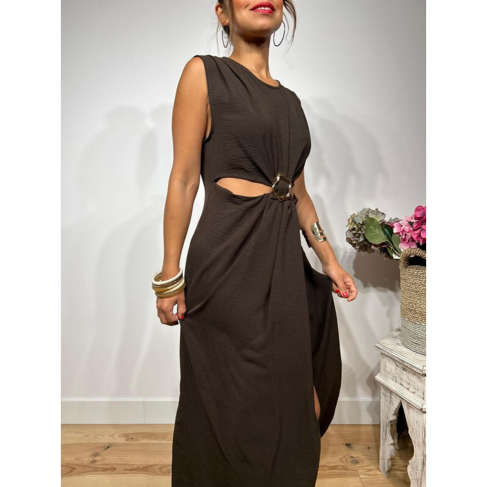 Vestido Cut Out Pieza Metálica KILLBIE Marrón HEVE Vestido Cut Out Pieza Metálica KILLBIE Marrón HEVE