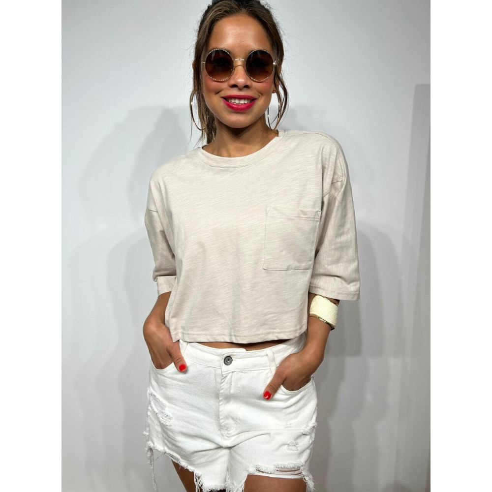 Camiseta Cropped Algodón TIGHTEEN Beige heve Camiseta Cropped Algodón TIGHTEEN Beige heve