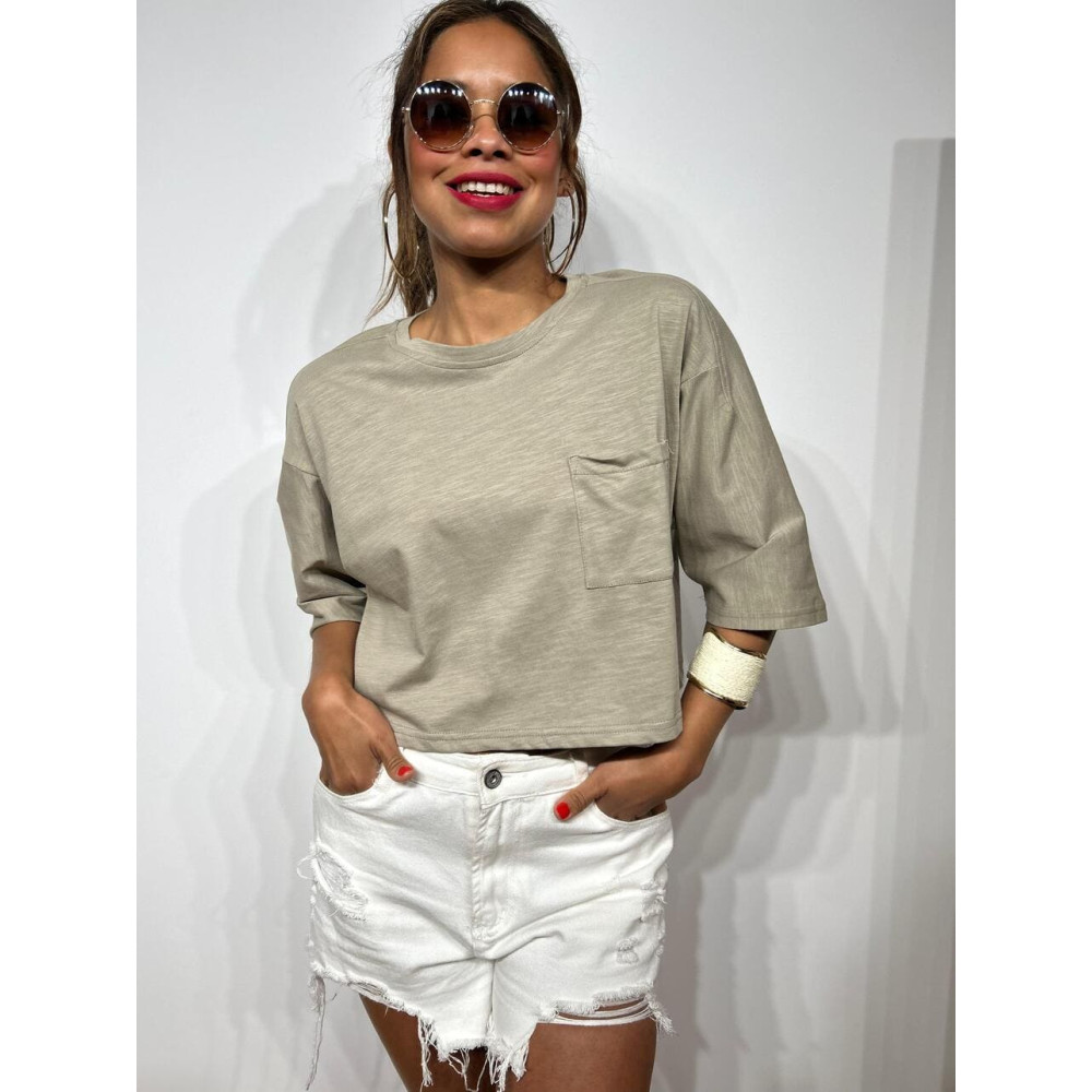 Camiseta Cropped Algodón TIGHTEEN Taupe heve Camiseta Cropped Algodón TIGHTEEN Taupe heve