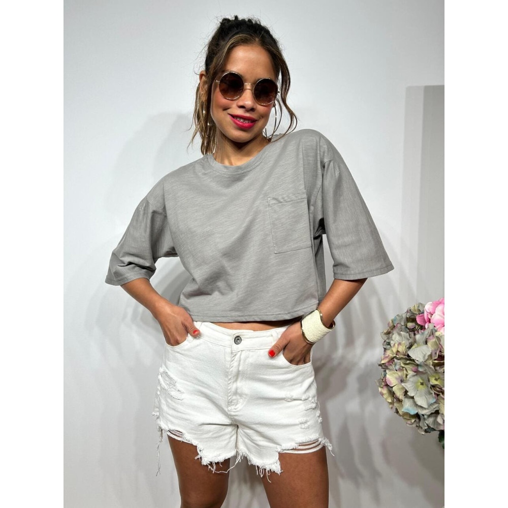 Camiseta Cropped Algodón TIGHTEEN Gris heve Camiseta Cropped Algodón TIGHTEEN Gris heve