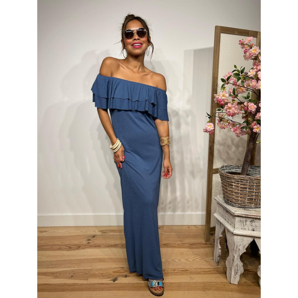 Vestido Escote Barco Volantes KATTERO Azul HEVE Vestido Escote Barco Volantes KATTERO Azul HEVE