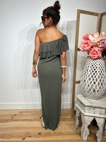 Vestido Escote Barco Volantes KATTERO Verde Militar HEVE