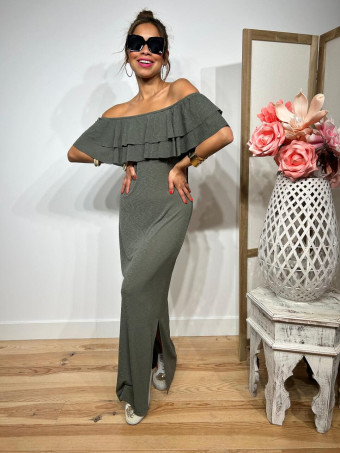Vestido Escote Barco Volantes KATTERO Verde Militar HEVE